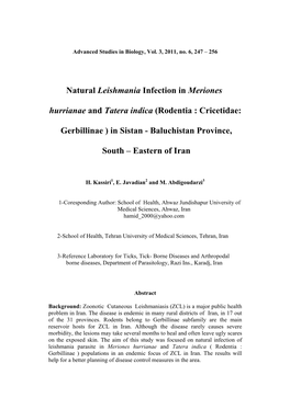 Natural Leishmania Infection in Meriones Hurrianae and Tatera Indica (Rodentia : Cricetidae