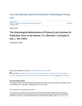 The Scientological Defenestration of Choice-Of-Law Doctrines for Publication Torts on the Internet, 15 J