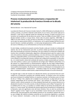 Proceso Revolucionario Latinoamericano Y Respuestas Del Intelectual: La Producción De Francisco Urondo En La Década Del Setenta