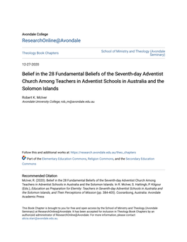 Belief in the 28 Fundamental Beliefs of the Seventh-Day Adventist Church Among Teachers in Adventist Schools in Australia and the Solomon Islands