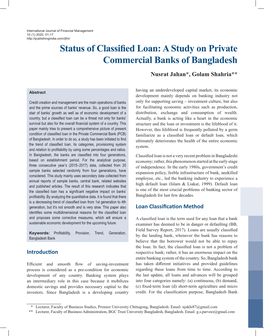 Status of Classified Loan: a Study on Private Commercial Banks of Bangladesh Nusrat Jahan*, Golam Shahria**