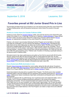 Favorites Prevail at ISU Junior Grand Prix in Linz