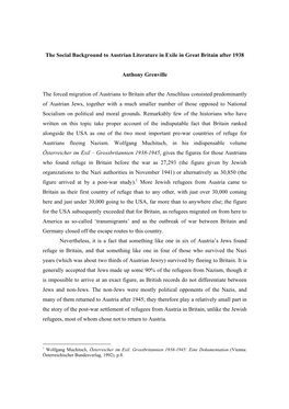 The Social Background to Austrian Literature in Exile in Great Britain After 1938 Anthony Grenville the Forced Migration of Aust