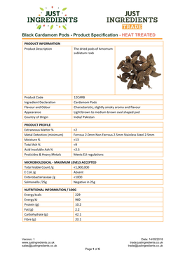 Black Cardamom Pods - Product Specification - HEAT TREATED