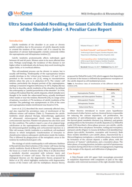 Ultra Sound Guided Needling for Giant Calcific Tendinitis of the Shoulder Joint - a Peculiar Case Report