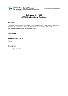 February 01, 1980 CPSU CC Politburo Decision