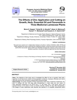 The Effects of Zinc Application and Cutting on Growth, Herb, Essential Oil and Flavonoids in Three Medicinal Lamiaceae Plants