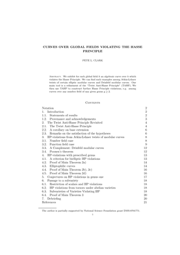 CURVES OVER GLOBAL FIELDS VIOLATING the HASSE PRINCIPLE Contents Notation 2 1. Introduction 2 1.1. Statements of Results 2 1.2