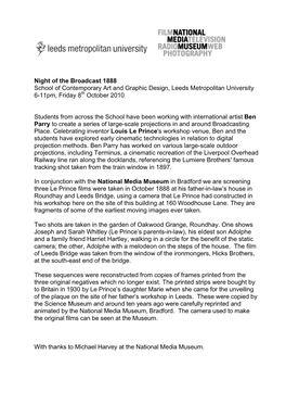 Night of the Broadcast 1888 School of Contemporary Art and Graphic Design, Leeds Metropolitan University 6-11Pm, Friday 8Th October 2010