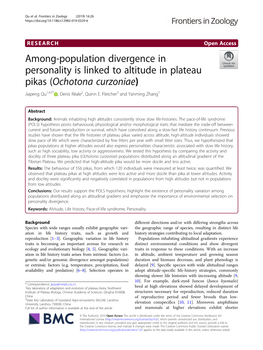 Among-Population Divergence in Personality Is Linked to Altitude in Plateau Pikas (Ochotona Curzoniae) Jiapeng Qu1,4,5* , Denis Réale2, Quinn E