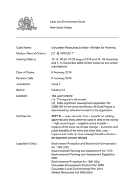 Gloucester Resources Limited V Minister for Planning