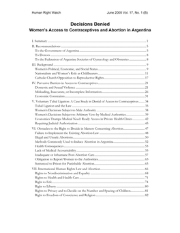 Decisions Denied Women’S Access to Contraceptives and Abortion in Argentina