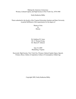 Women, Cultural Capital, and High Society in New York City, 1870-1900