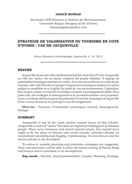 Strategie De Valorisation Du Tourisme En Cote D'ivoire : Cas De Jacqueville