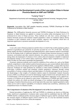 Evaluation on the Development Levels of the Low-Carbon Cities in Hunan Province Based on AHP and TOPSIS