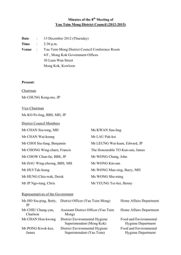 Minutes of the 8 Meeting of Yau Tsim Mong District Council (2012-2015