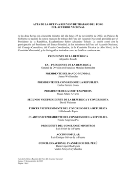 ACTA DE LA OCTAVA REUNION DE TRABAJO DEL FORO DEL ACUERDO NACIONAL a Las Doce Horas Con Cincuenta Minutos Del Día Lunes 25 De N