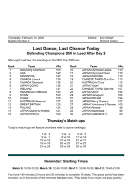 Last Dance, Last Chance Today Defending Champions Still in Lead After Day 2