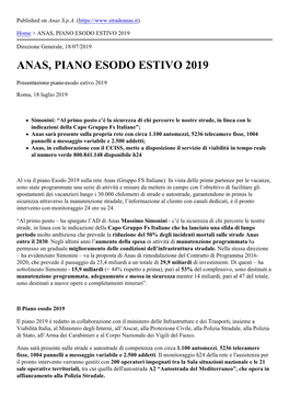 Anas, Piano Esodo Estivo 2019