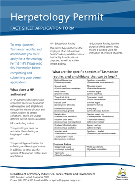 Herpetology Permit FACT SHEET APPLICATION FORM