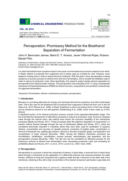 Pervaporation: Promissory Method for the Bioethanol Separation of Fermentation John H