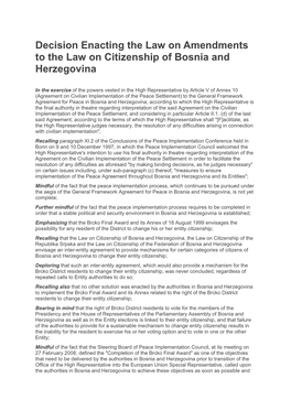 Decision Enacting the Law on Amendments to the Law on Citizenship of Bosnia and Herzegovina