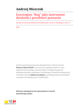 Andrzej Miszczuk Euroregion "Bug" Jako Instrument Działania I Przedmiot Poznania