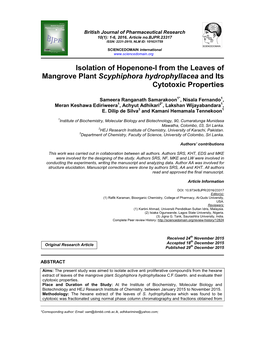 Isolation of Hopenone-I from the Leaves of Mangrove Plant Scyphiphora Hydrophyllacea and Its Cytotoxic Properties