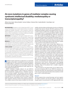 De Novo Mutations in Genes of Mediator Complex Causing Syndromic Intellectual Disability: Mediatorpathy Or Transcriptomopathy?