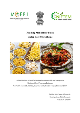 Reading Manual for Pasta Under PMFME Scheme