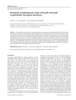 Monophyly and Phylogenetic Origin of the Gall Crab Family Cryptochiridae (Decapoda : Brachyura)