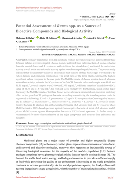 Potential Assessment of Rumex Spp. As a Source of Bioactive Compounds and Biological Activity