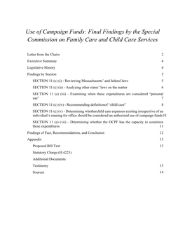Use of Campaign Funds: Final Findings by the Special Commission on Family Care and Child Care Services
