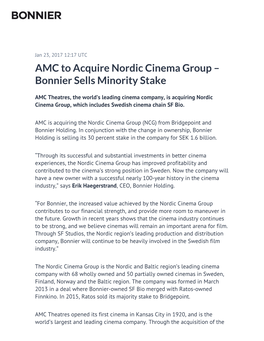 AMC to Acquire Nordic Cinema Group – Bonnier Sells Minority Stake