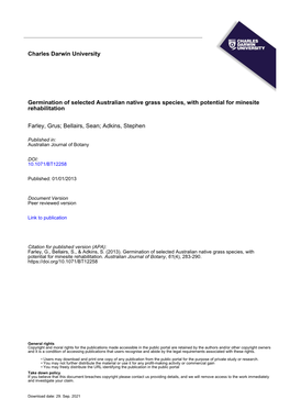 Charles Darwin University Germination of Selected Australian Native Grass Species, with Potential for Minesite Rehabilitation Fa