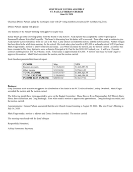 MINUTES of VOTERS ASSEMBLY ST. PAUL LUTHERAN CHURCH June 18, 2020