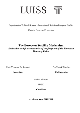 The European Stability Mechanism (ESM) 20 2.1 the Creation of the ESM