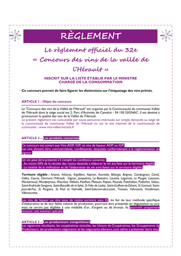 Le Règlement Officiel Du 32E « Concours Des Vins De La Vallée De L'hérault