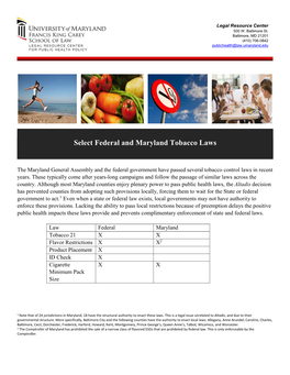 Select Federal and Maryland Tobacco Laws