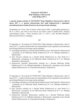 Uchwała Nr XXX/290/17 Rady Miejskiej W Skarszewach Z Dnia 28 Lipca 2017 R. W Sprawie Zmiany Uchwały Nr XXVII/259/17 Rady Miejs