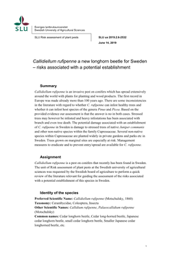 Callidiellum Rufipenne a New Longhorn Beetle for Sweden – Risks Associated with a Potential Establishment Callidiellum Rufipenne