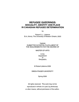 Refugee Queerings: Sexuality, Identity and Place in Canadian Refugee Determination