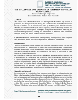 THE INFLUENCE of ARAB CALIPHATE on FORMATION of BUKHARA URBAN CULTURE Yuldosheva Bibirajab Mirjonovna Doctoral Student at Bukhara State University