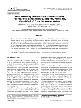 DNA Barcoding of the Marine Proteced Species Pseudohelice Subquadrata (Decapoda, Varunidae, Pseudohelice) from the Korean Waters