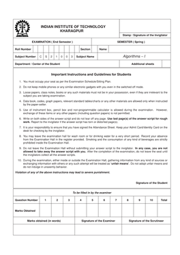 INDIAN INSTITUTE of TECHNOLOGY KHARAGPUR Stamp / Signature of the Invigilator