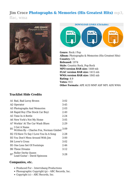 Jim Croce Photographs & Memories (His Greatest Hits)