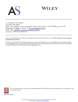 An Argument for Holism Author(S): Ned Block Source: Proceedings of the Aristotelian Society, New Series, Vol