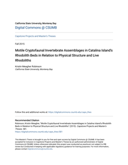 Motile Cryptofaunal Invertebrate Assemblages in Catalina Island's Rhodolith Beds in Relation to Physical Structure and Live Rhodoliths