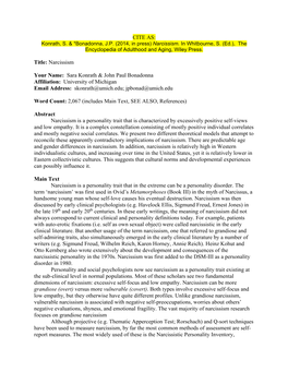 CITE AS: Title: Narcissism Your Name: Sara Konrath & John Paul Bonadonna Affiliation: University of Michigan Email Address