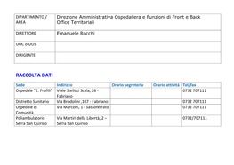 DIPARTIMENTO / AREA Direzione Amministrativa Ospedaliera E Funzioni Di Front E Back Office Territoriali DIRETTORE Emanuele Rocchi UOC O UOS DIRIGENTE